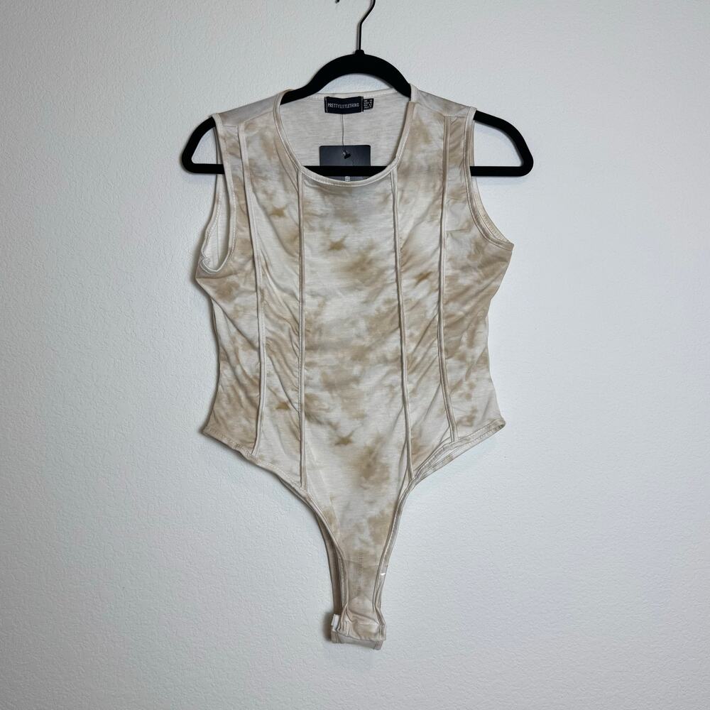 ✨New✨PrettyLittleThing Beige Acid Wash Sleeveless Exposed Seam Bodysuit  Size 10
